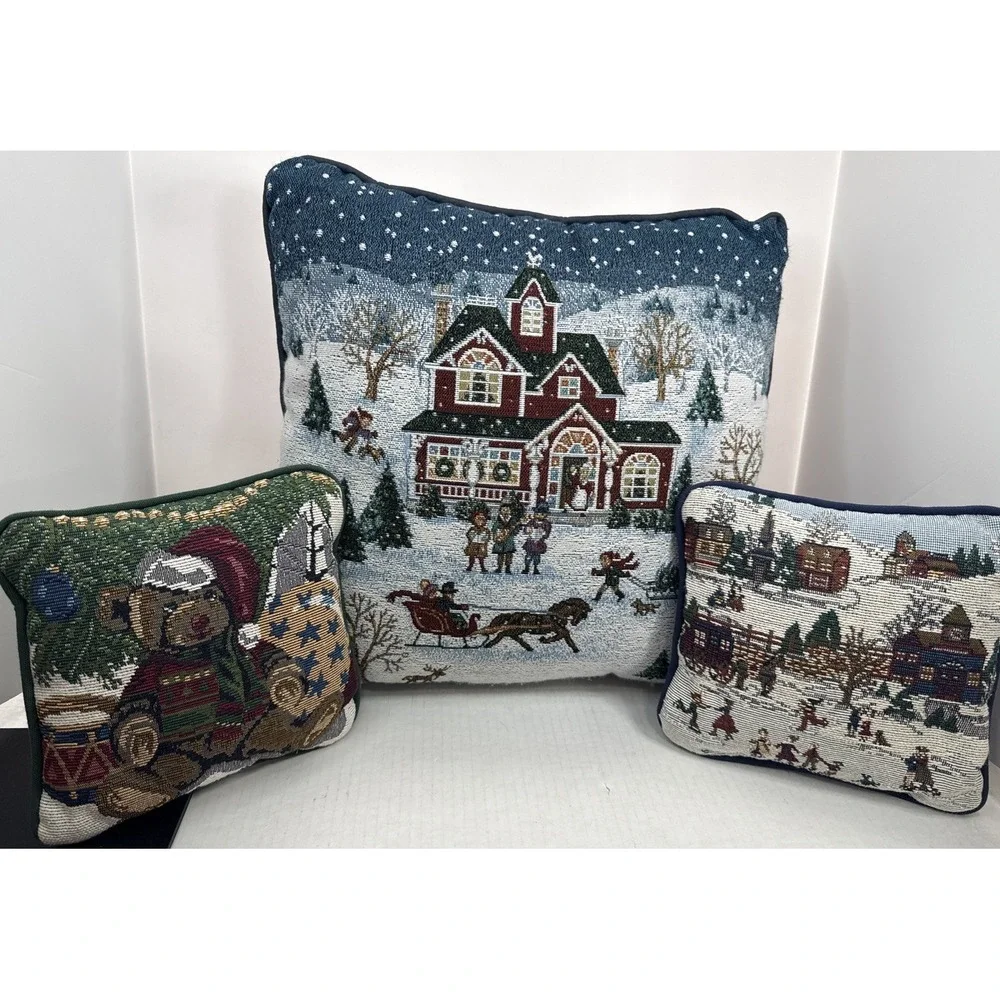 VTG Winter Christmas Embroidered Tapestry Pillows Lot Sleigh Ride Victorian Bear